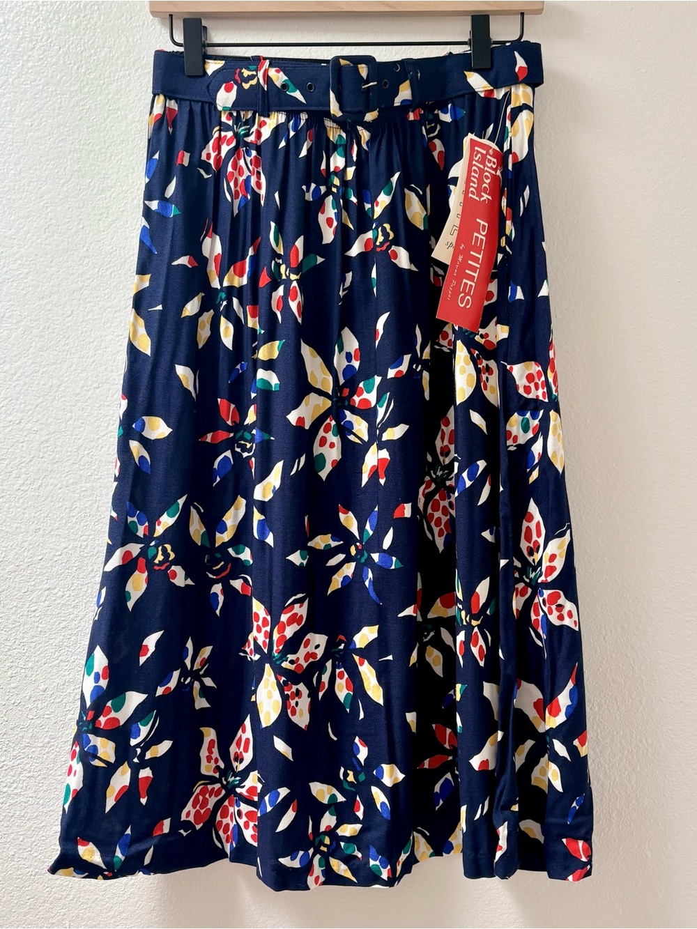 Vintage Deadstock Petite Navy Floral Belted Midi Skirt